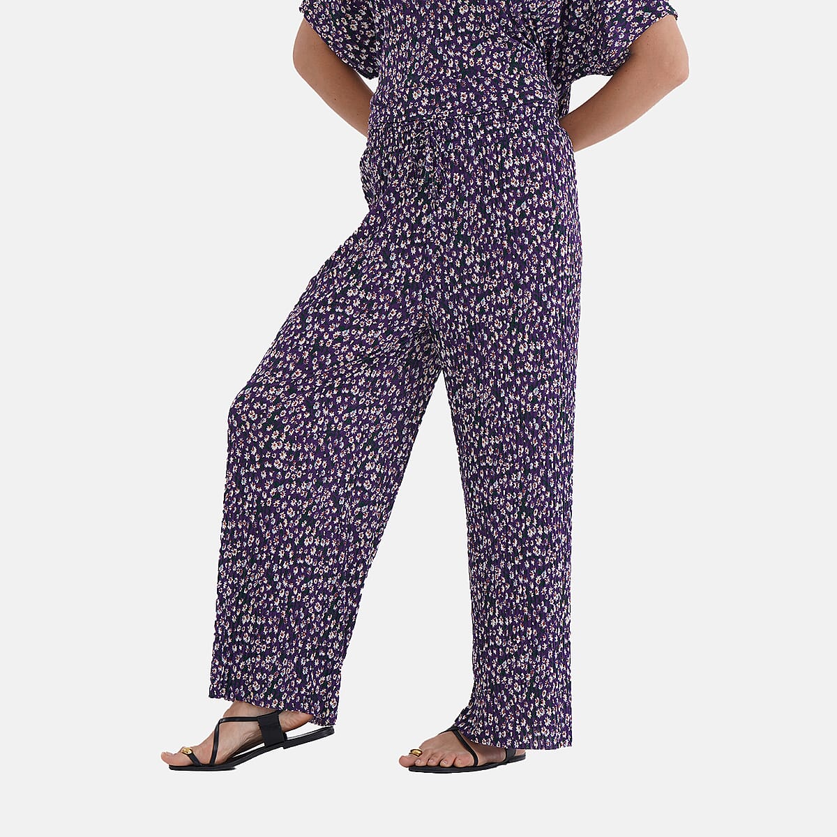 Tamsy Purple Floral 2 Piece Pleated Polyester Top and Bottom Set - One Size Fits Most image number 6