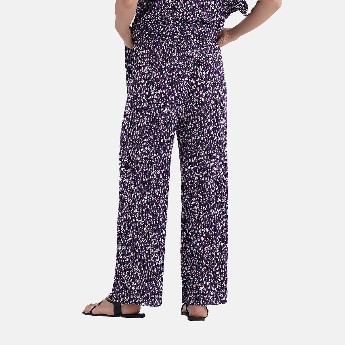 Tamsy Purple Floral 2 Piece Pleated Polyester Top and Bottom Set - One Size Fits Most image number 7