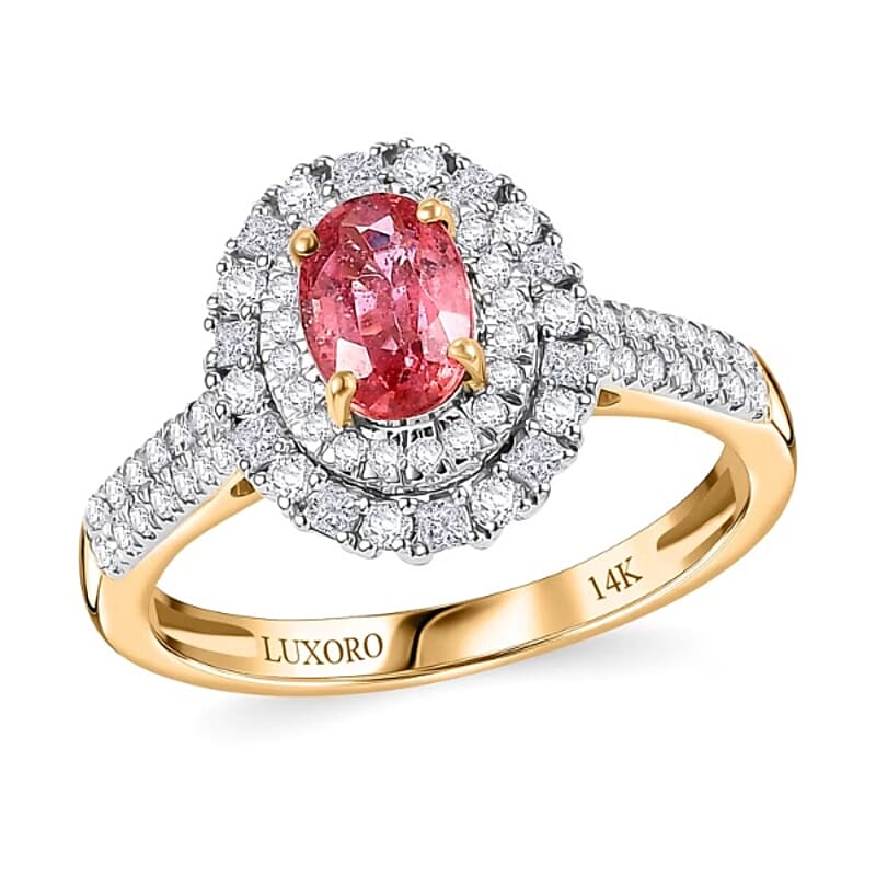 Certified & Appraised Luxoro AAA Padparadscha Sapphire (BT) 10.0) and I2 Diamond 1.33 ctw Double Halo Ring in 14K Yellow Gold (Size 8.0)