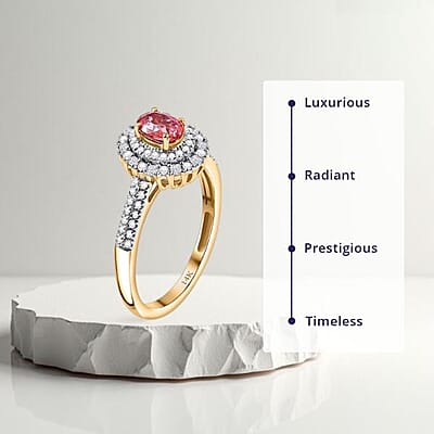Certified & Appraised Luxoro AAA Padparadscha Sapphire (BT) 10.0) and I2 Diamond 1.33 ctw Double Halo Ring in 14K Yellow Gold (Size 8.0)