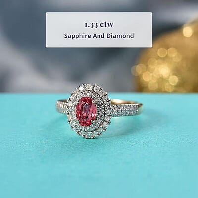 Certified & Appraised Luxoro AAA Padparadscha Sapphire (BT) 10.0) and I2 Diamond 1.33 ctw Double Halo Ring in 14K Yellow Gold (Size 8.0)