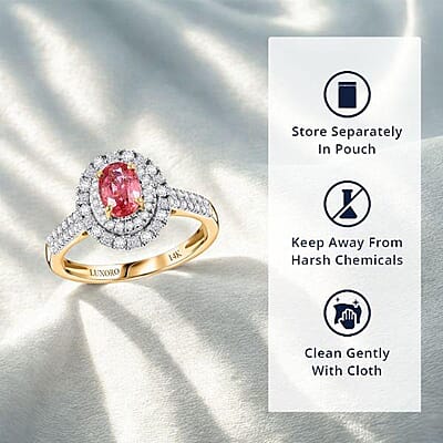 Certified & Appraised Luxoro AAA Padparadscha Sapphire (BT) 10.0) and I2 Diamond 1.33 ctw Double Halo Ring in 14K Yellow Gold (Size 8.0)