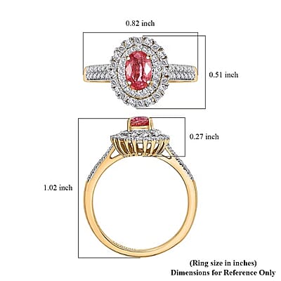 Certified & Appraised Luxoro AAA Padparadscha Sapphire (BT) 10.0) and I2 Diamond 1.33 ctw Double Halo Ring in 14K Yellow Gold (Size 8.0)
