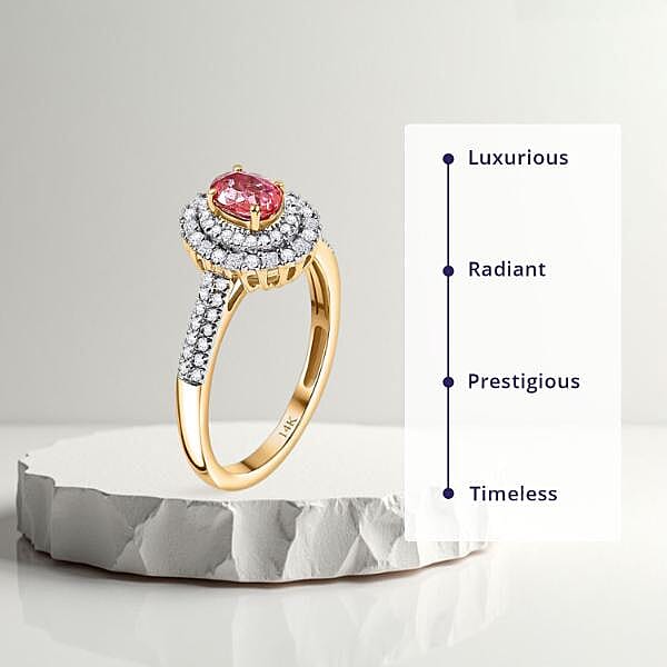 Certified & Appraised Luxoro AAA Padparadscha Sapphire (BT) 10.5) and I2 Diamond 1.33 ctw Double Halo Ring in 14K Yellow Gold (Size 8.0)