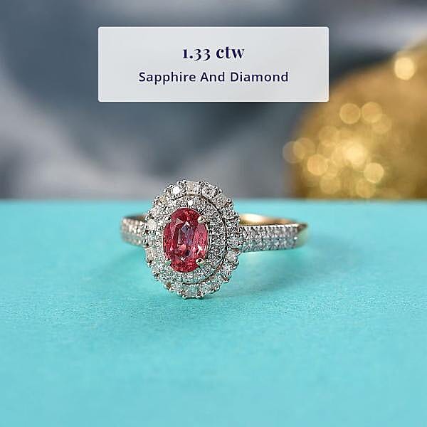 Certified & Appraised Luxoro AAA Padparadscha Sapphire (BT) 10.5) and I2 Diamond 1.33 ctw Double Halo Ring in 14K Yellow Gold (Size 8.0)