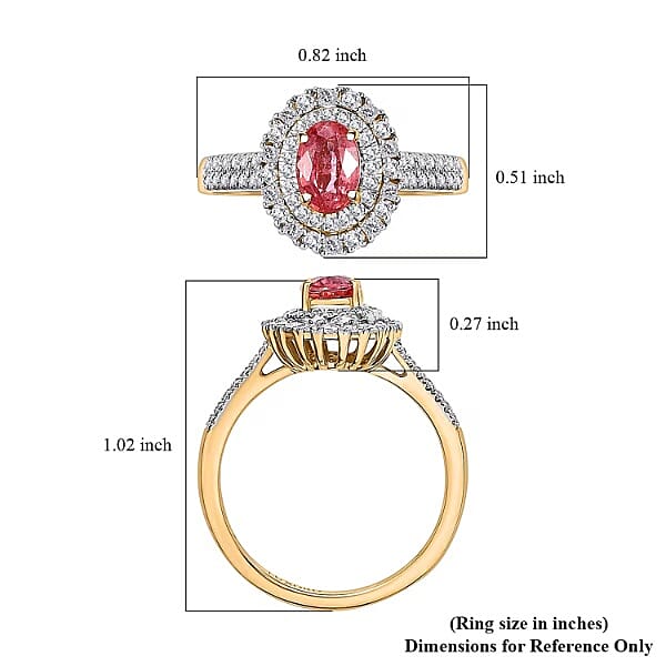 Certified & Appraised Luxoro AAA Padparadscha Sapphire (BT) 10.5) and I2 Diamond 1.33 ctw Double Halo Ring in 14K Yellow Gold (Size 8.0)