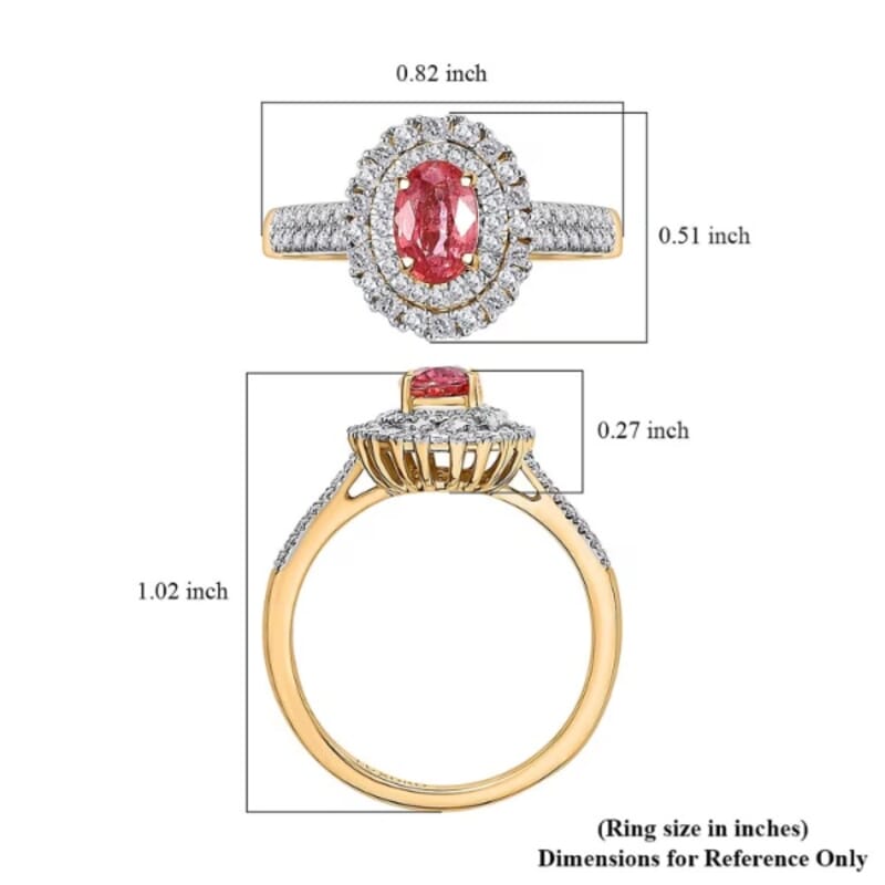 Certified & Appraised Luxoro AAA Padparadscha Sapphire (BT) 10.5) and I2 Diamond 1.33 ctw Double Halo Ring in 14K Yellow Gold (Size 8.0)