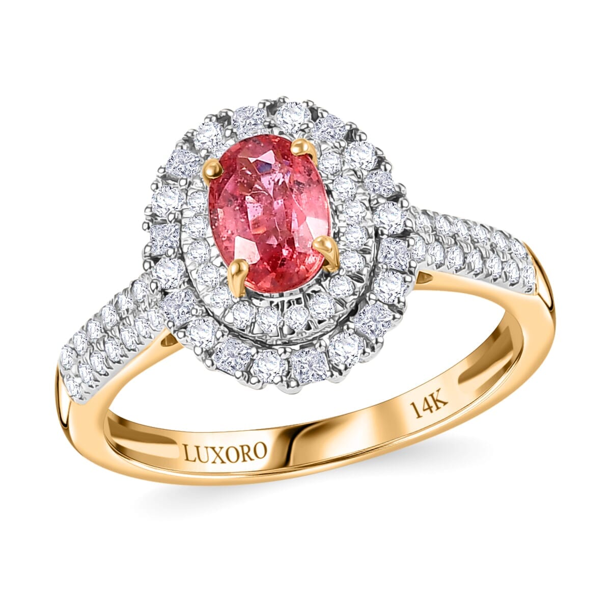 Certified & Appraised Luxoro AAA Padparadscha Sapphire (BT) 7.0) and I2 Diamond 1.33 ctw Double Halo Ring in 14K Yellow Gold (Size 8.0) image number 0
