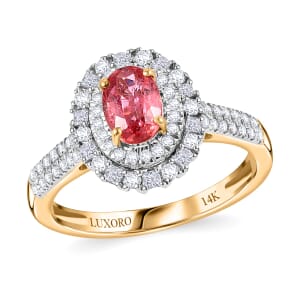 Certified & Appraised Luxoro AAA Padparadscha Sapphire (BT) 7.0) and I2 Diamond 1.33 ctw Double Halo Ring in 14K Yellow Gold (Size 8.0)