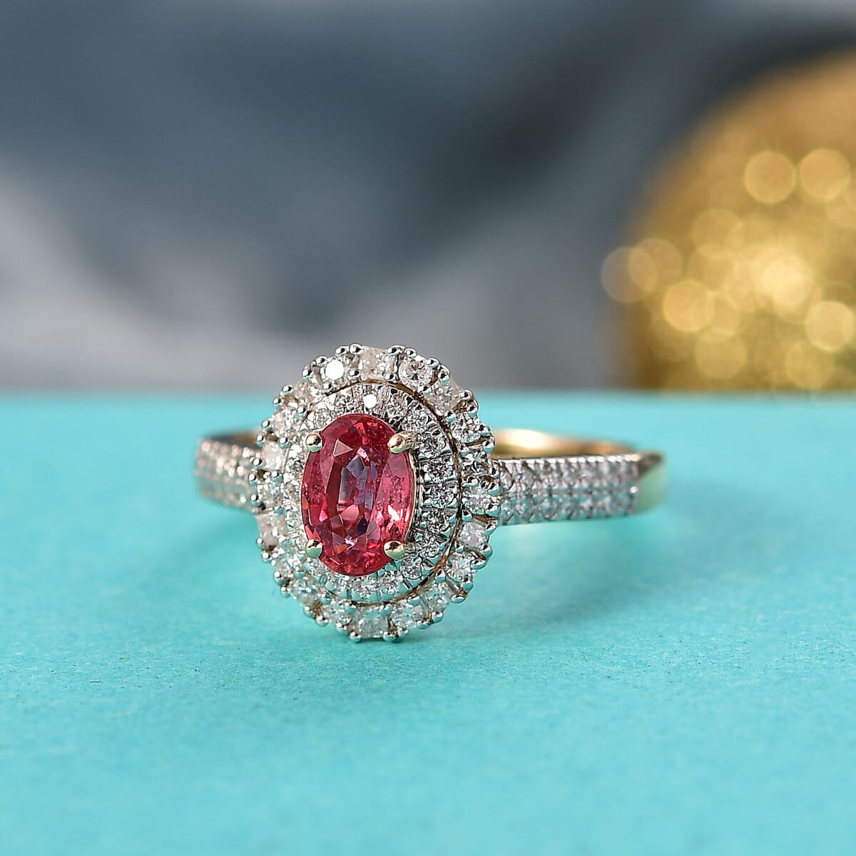 Certified & Appraised Luxoro AAA Padparadscha Sapphire (BT) and I2 Diamond 1.33 ctw Double Halo Ring in 14K Yellow Gold (Size 8.0) image number 1