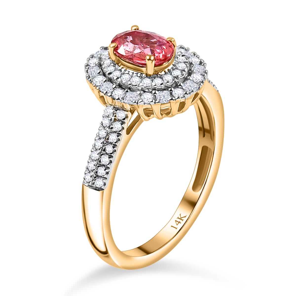 Certified & Appraised Luxoro AAA Padparadscha Sapphire (BT) and I2 Diamond 1.33 ctw Double Halo Ring in 14K Yellow Gold (Size 8.0) image number 3