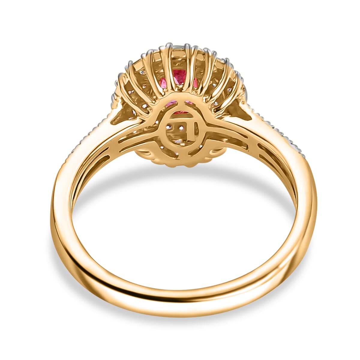 Certified & Appraised Luxoro AAA Padparadscha Sapphire (BT) and I2 Diamond 1.33 ctw Double Halo Ring in 14K Yellow Gold (Size 8.0) image number 4