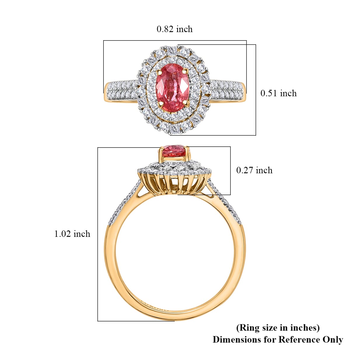 Certified & Appraised Luxoro AAA Padparadscha Sapphire (BT) and I2 Diamond 1.33 ctw Double Halo Ring in 14K Yellow Gold (Size 8.0) image number 5