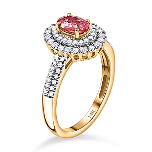 Certified & Appraised Luxoro AAA Padparadscha Sapphire (BT) 9.0) and I2 Diamond 1.33 ctw Double Halo Ring in 14K Yellow Gold (Size 8.0)