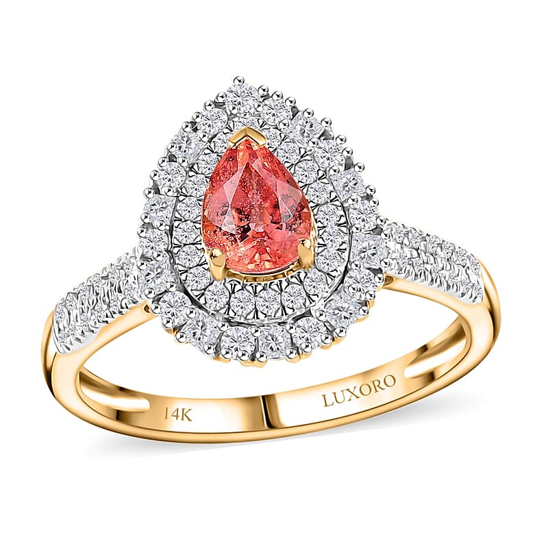 Certified & Appraised Luxoro AAA Padparadscha Sapphire (BT) 10.0) and I2 Diamond 1.41 ctw Double Halo Ring in 14K Yellow Gold (Size 10.0)