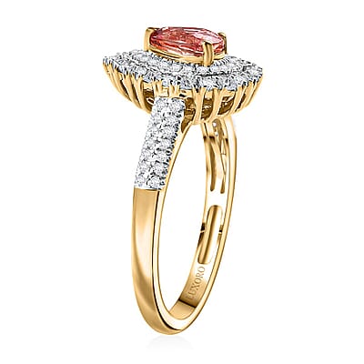 Certified & Appraised Luxoro AAA Padparadscha Sapphire (BT) 10.0) and I2 Diamond 1.41 ctw Double Halo Ring in 14K Yellow Gold (Size 10.0)