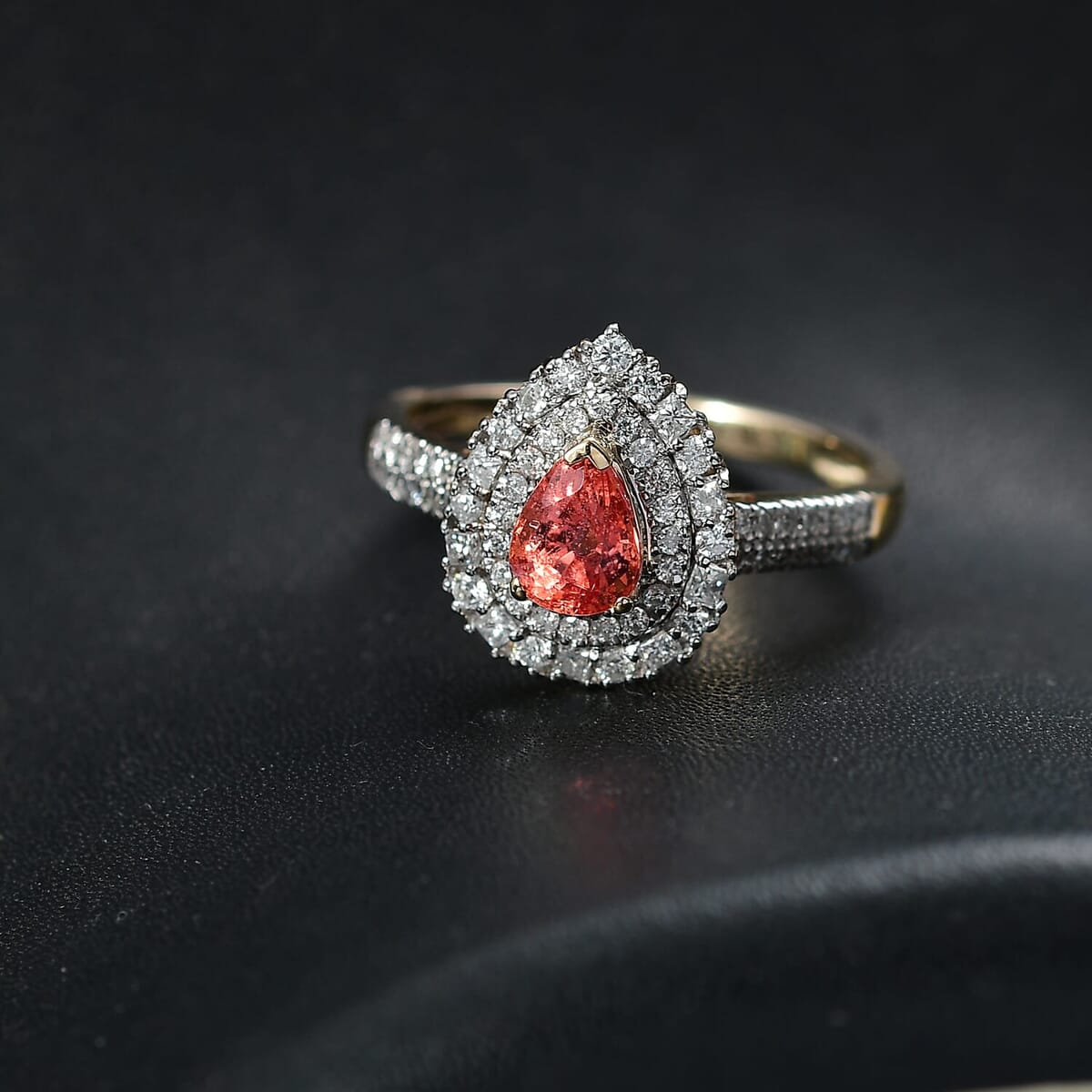 Certified & Appraised Luxoro AAA Padparadscha Sapphire (BT) 6.0) and I2 Diamond 1.41 ctw Double Halo Ring in 14K Yellow Gold (Size 10.0) image number 1