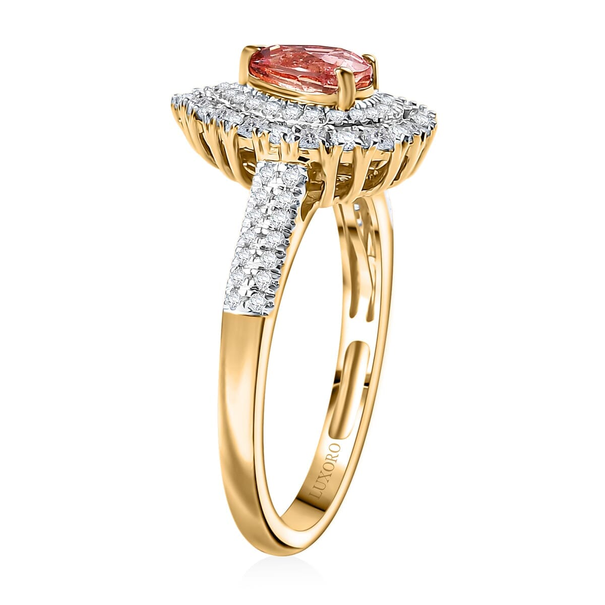 Certified & Appraised Luxoro AAA Padparadscha Sapphire (BT) 6.0) and I2 Diamond 1.41 ctw Double Halo Ring in 14K Yellow Gold (Size 10.0) image number 3