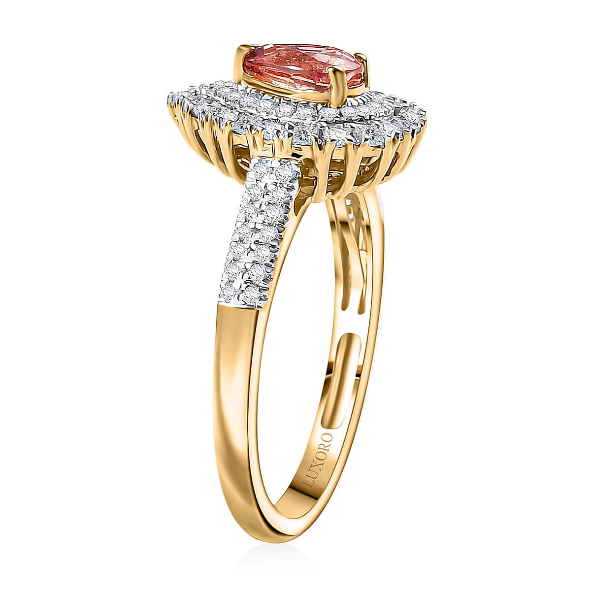 Certified & Appraised Luxoro AAA Padparadscha Sapphire (BT) 6.5) and I2 Diamond 1.41 ctw Double Halo Ring in 14K Yellow Gold (Size 10.0)