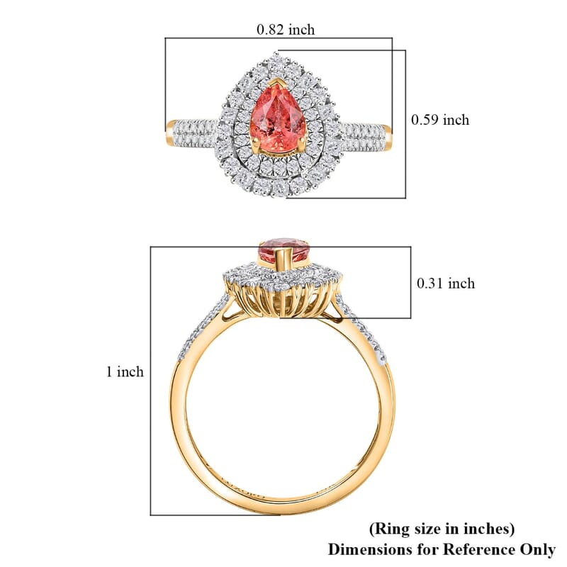 Certified & Appraised Luxoro AAA Padparadscha Sapphire (BT) 6.5) and I2 Diamond 1.41 ctw Double Halo Ring in 14K Yellow Gold (Size 10.0)