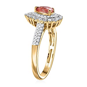 Certified & Appraised Luxoro AAA Padparadscha Sapphire (BT) 7.0) and I2 Diamond 1.41 ctw Double Halo Ring in 14K Yellow Gold (Size 10.0)