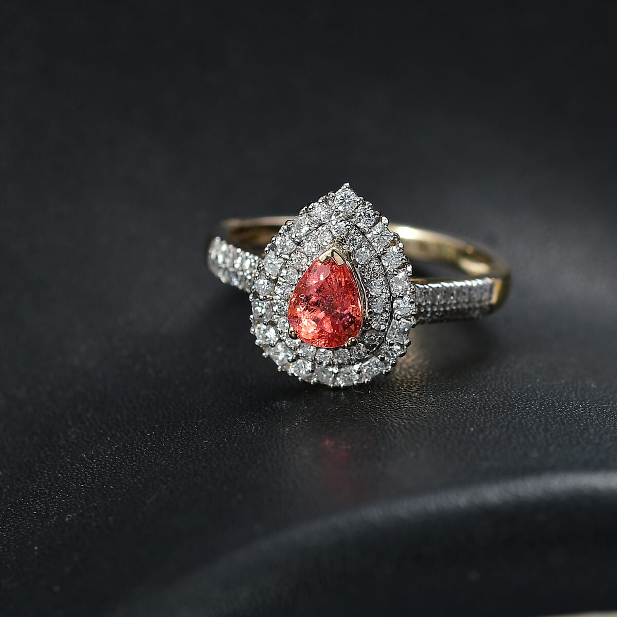 Certified & Appraised Luxoro AAA Padparadscha Sapphire (BT) 8.0) and I2 Diamond 1.41 ctw Double Halo Ring in 14K Yellow Gold (Size 10.0) image number 1