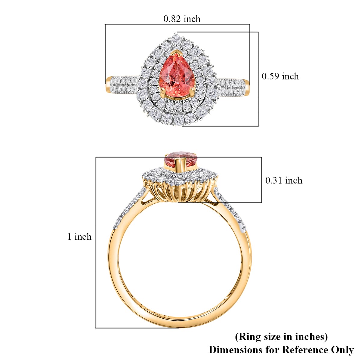 Certified & Appraised Luxoro AAA Padparadscha Sapphire (BT) 8.0) and I2 Diamond 1.41 ctw Double Halo Ring in 14K Yellow Gold (Size 10.0) image number 5