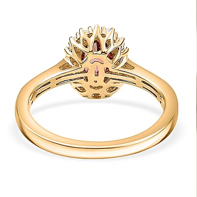 Certified & Appraised Luxoro AAA Padparadscha Sapphire (BT) 12.0) and I2 Diamond 1.56 ctw Halo Ring in 14K Yellow Gold (Size 10.0)