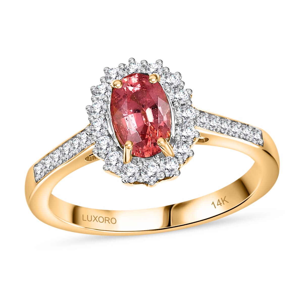 Certified & Appraised Luxoro AAA Padparadscha Sapphire (BT) 8.0) and I2 Diamond 1.56 ctw Halo Ring in 14K Yellow Gold (Size 10.0) image number 0