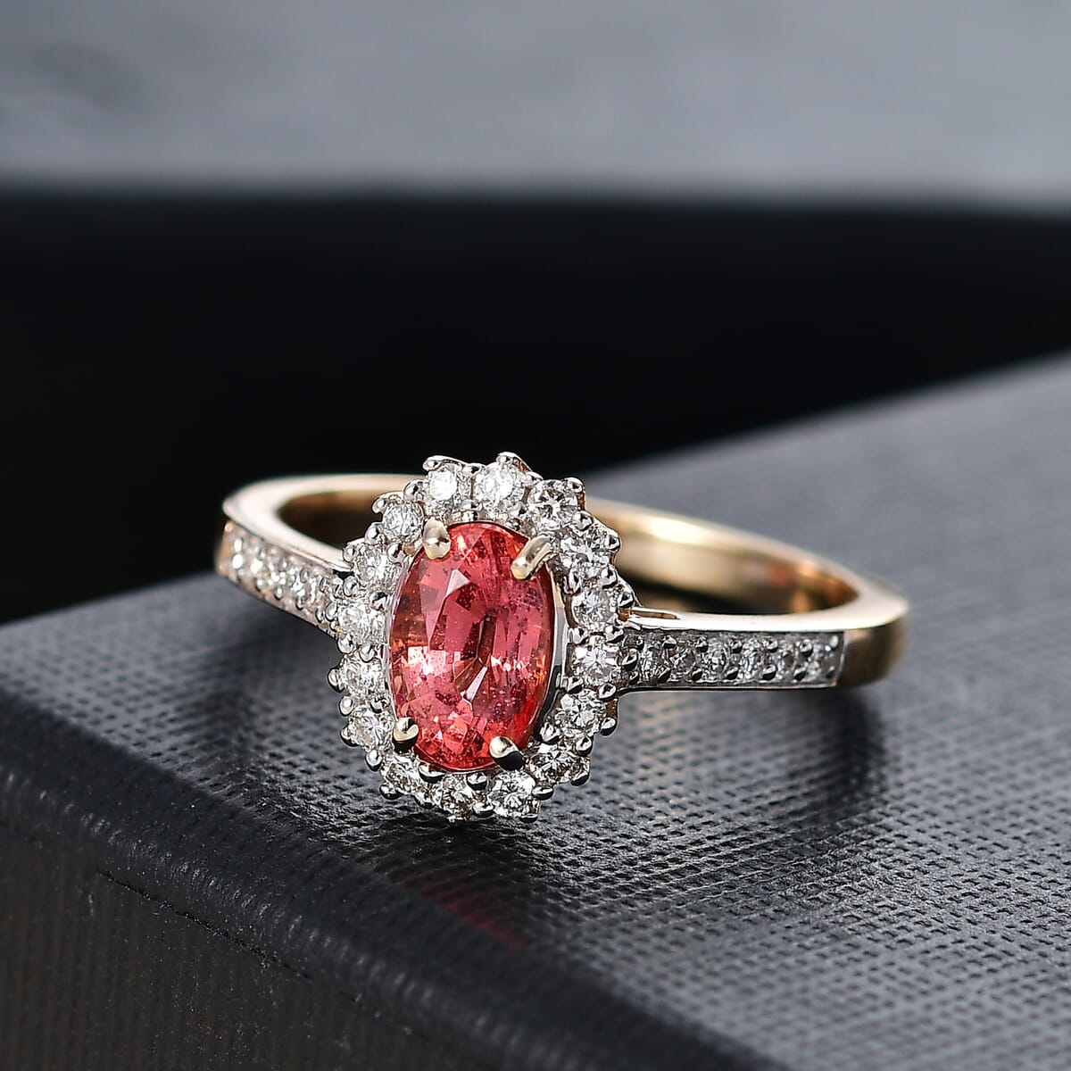 Certified & Appraised Luxoro AAA Padparadscha Sapphire (BT) 8.0) and I2 Diamond 1.56 ctw Halo Ring in 14K Yellow Gold (Size 10.0) image number 1