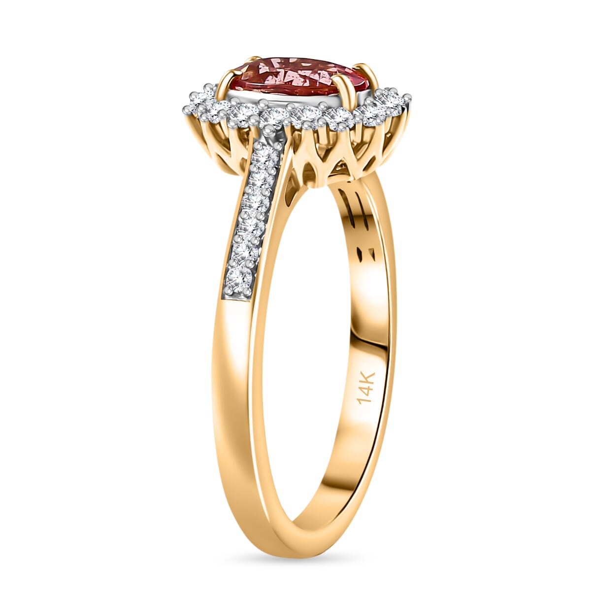 Certified & Appraised Luxoro AAA Padparadscha Sapphire (BT) 8.0) and I2 Diamond 1.56 ctw Halo Ring in 14K Yellow Gold (Size 10.0) image number 3