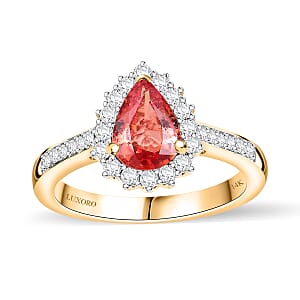 Certified & Appraised Luxoro AAA Padparadscha Sapphire (BT) 8.0) and I2 Diamond 1.85 ctw Halo Ring in 14K Yellow Gold (Size 8.0)