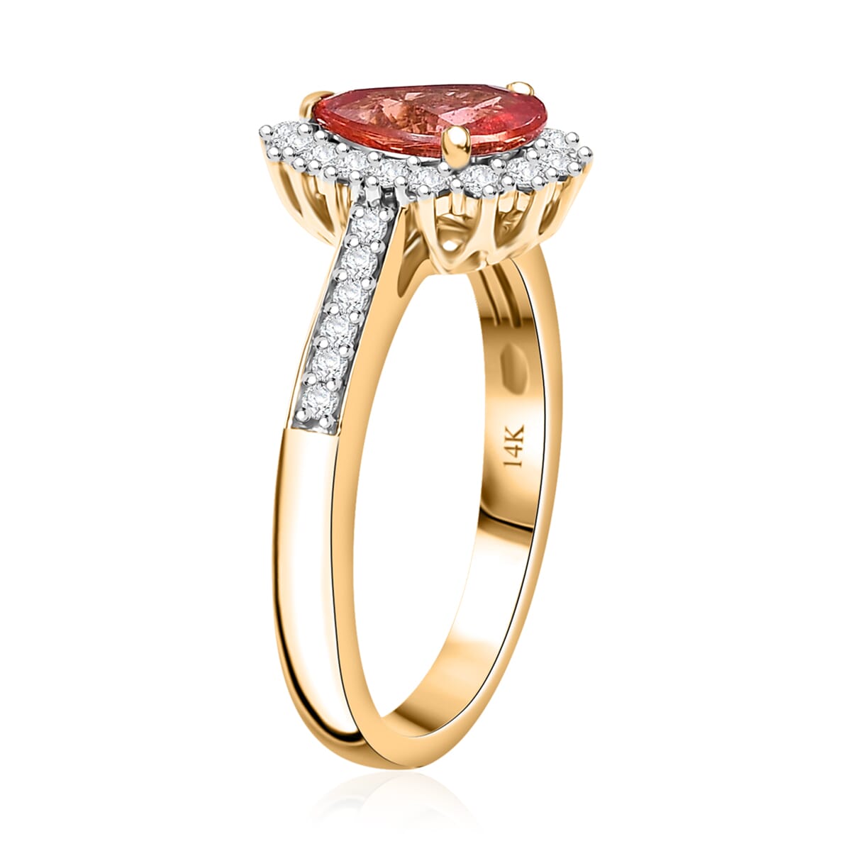 Certified & Appraised Luxoro AAA Padparadscha Sapphire (BT) 8.0) and I2 Diamond 1.85 ctw Halo Ring in 14K Yellow Gold (Size 8.0) image number 3