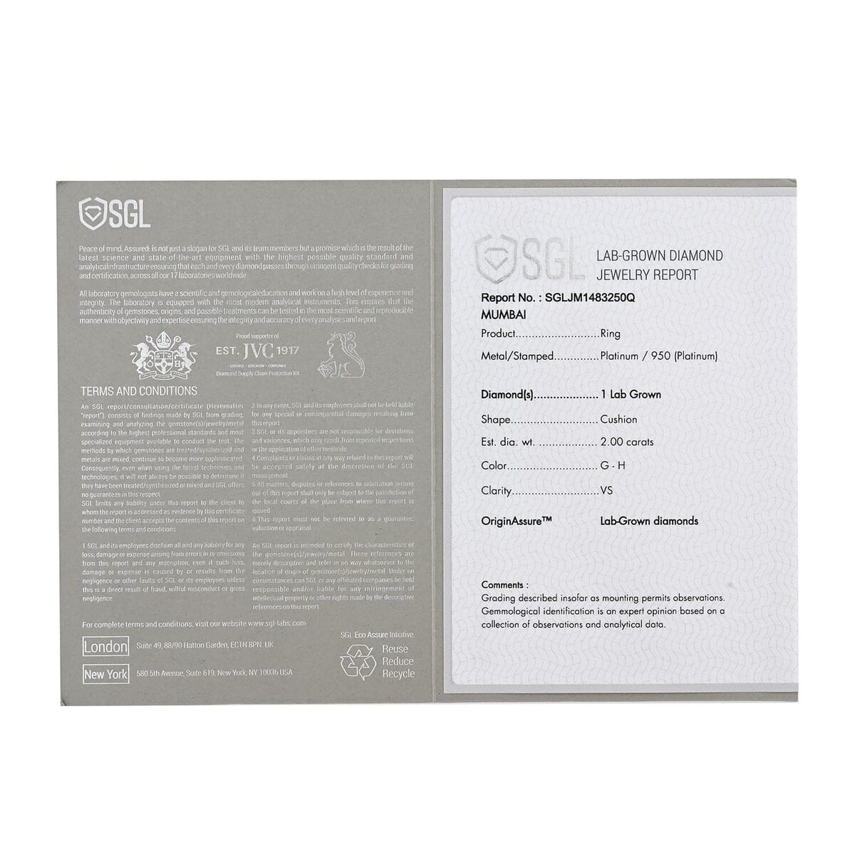 SGL Certified 950 Platinum Luxuriant Lab Grown Diamond (G-H, VS) Solitaire Ring (Size 10.0) 2.00 ctw image number 6