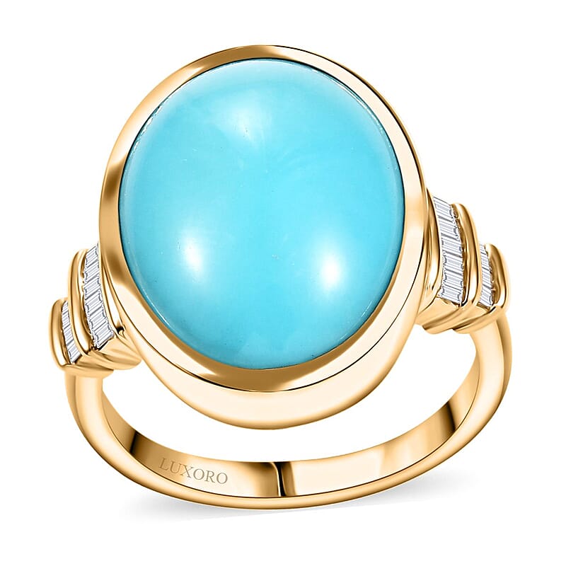Luxoro Premium Sleeping Beauty Turquoise and G-H I2 Diamond 9.30 ctw Ring in 10K Yellow Gold (Size 10.0) 4.90 Grams