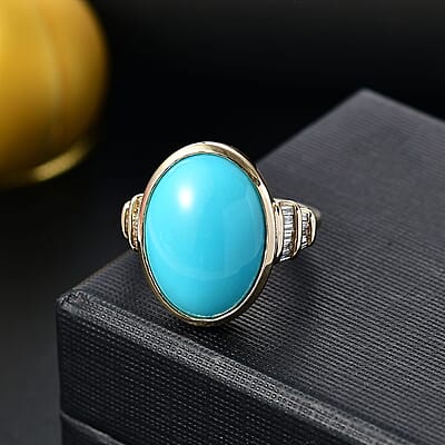 Luxoro Premium Sleeping Beauty Turquoise and G-H I2 Diamond 9.30 ctw Ring in 10K Yellow Gold (Size 10.0) 4.90 Grams