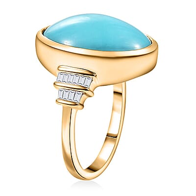Luxoro Premium Sleeping Beauty Turquoise and G-H I2 Diamond 9.30 ctw Ring in 10K Yellow Gold (Size 10.0) 4.90 Grams