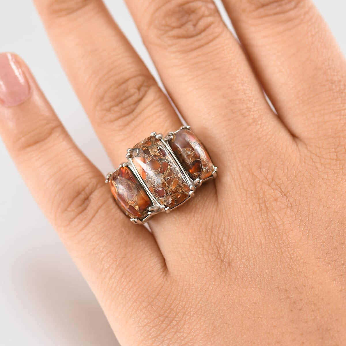 Matrix Fire Opal 8.90 ctw 3 Stone Ring in Platinum Over Copper with Magnet (Size 9.0) image number 2