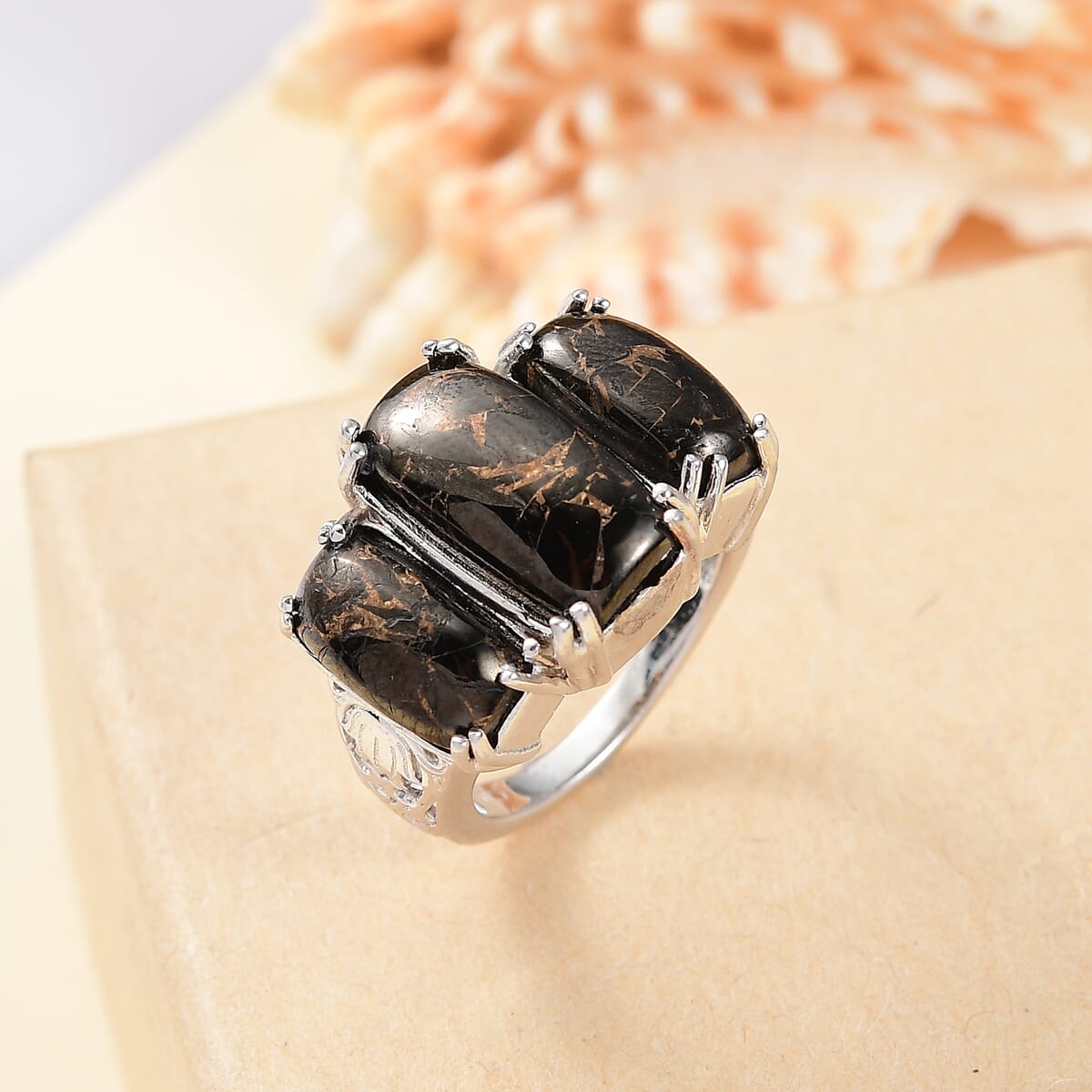 Matrix Silver Shungite 6.80 ctw 3 Stone Ring in Platinum Bond Copper (Size  11.0) image number 1