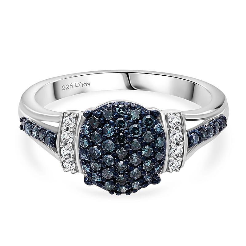 Blue and White Diamond 0.50 ctw Midnight Sparkle Ring in Rhodium Over Sterling Silver (Size 8.0)