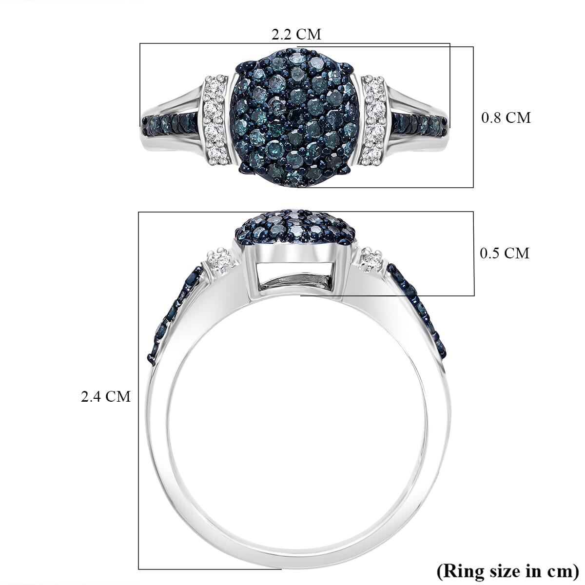 Blue and White Diamond 0.50 ctw Midnight Sparkle Ring in Rhodium Over Sterling Silver (Size 9.0) image number 4