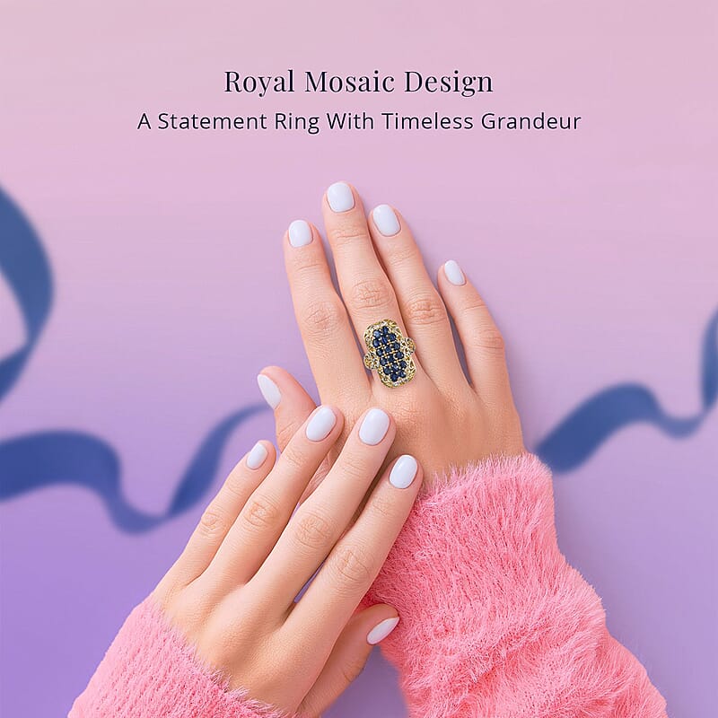 Kanchanaburi Blue Sapphire 3.85 ctw Royal Mosaic Ring in 18K Vermeil Yellow Gold Over Sterling Silver (Size 9.0)