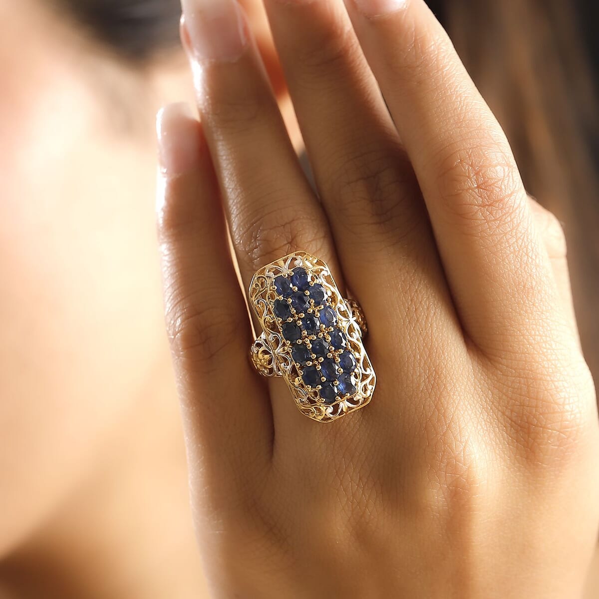Kanchanaburi Blue Sapphire 3.85 ctw Royal Mosaic Ring in 18K Vermeil Yellow Gold Over Sterling Silver (Size 9.0) image number 2