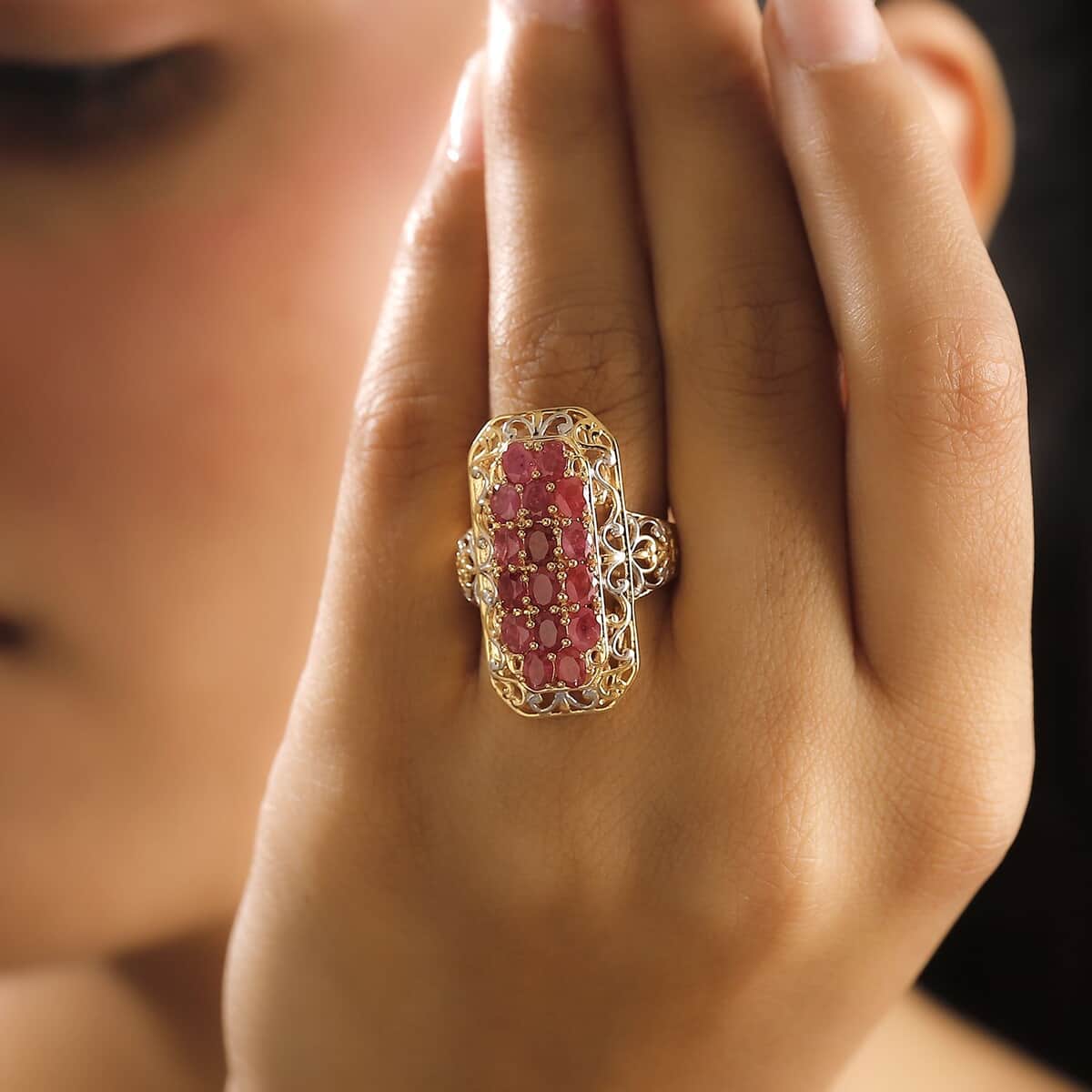 Mozambique Ruby 3.35 ctw Royal Mosaic Ring in 18K Vermeil Yellow Gold Over Sterling Silver (Size 5.0) image number 2