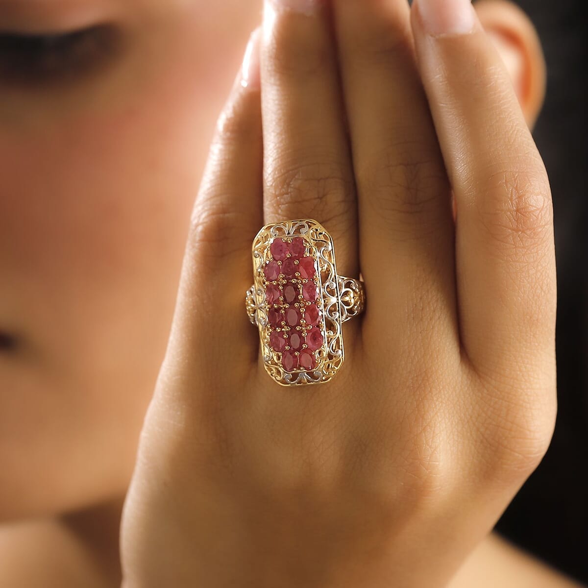 Mozambique Ruby 3.35 ctw Royal Mosaic Ring in 18K Vermeil Yellow Gold Over Sterling Silver (Size 6.0) image number 2