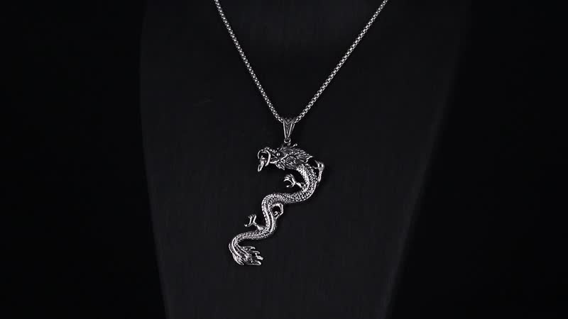 Dragon Pendant Necklace in Black Oxidized Stainless Steel 23.5 Inches
