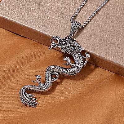 Dragon Pendant Necklace in Black Oxidized Stainless Steel 23.5 Inches