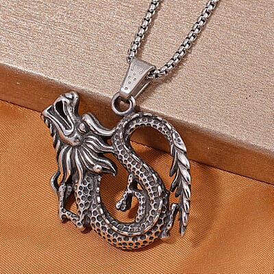 Dragon Pendant Necklace in Black Oxidized Stainless Steel