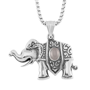 Lab Created White Cat's Eye 0.30 ctw Elephent Pendant Necklace in Black Oxidized Stainless Steel 23.5 Inches