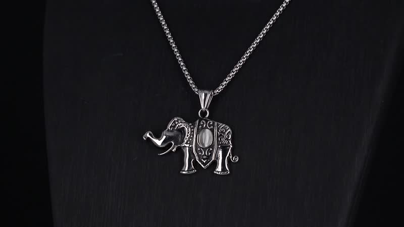 Lab Created White Cat's Eye 0.30 ctw Elephent Pendant Necklace in Black Oxidized Stainless Steel 23.5 Inches